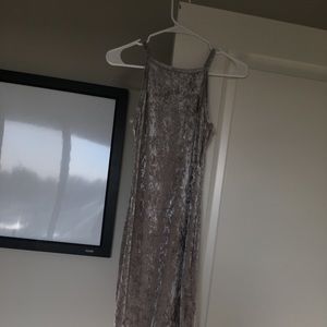 Silver, velvet, form fitted, shin length dress!!!